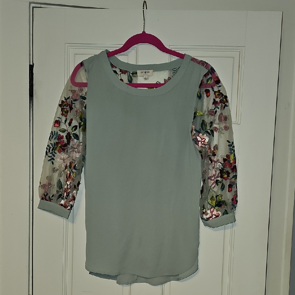 Sage Green Top with Floral Sheer Sleeves